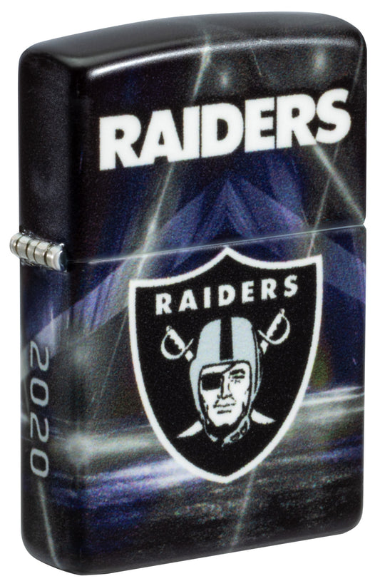 Front shot of Zippo NFL Las Vegas Raiders 540 Matte Windproof Lighter standing at a 3/4 angle.