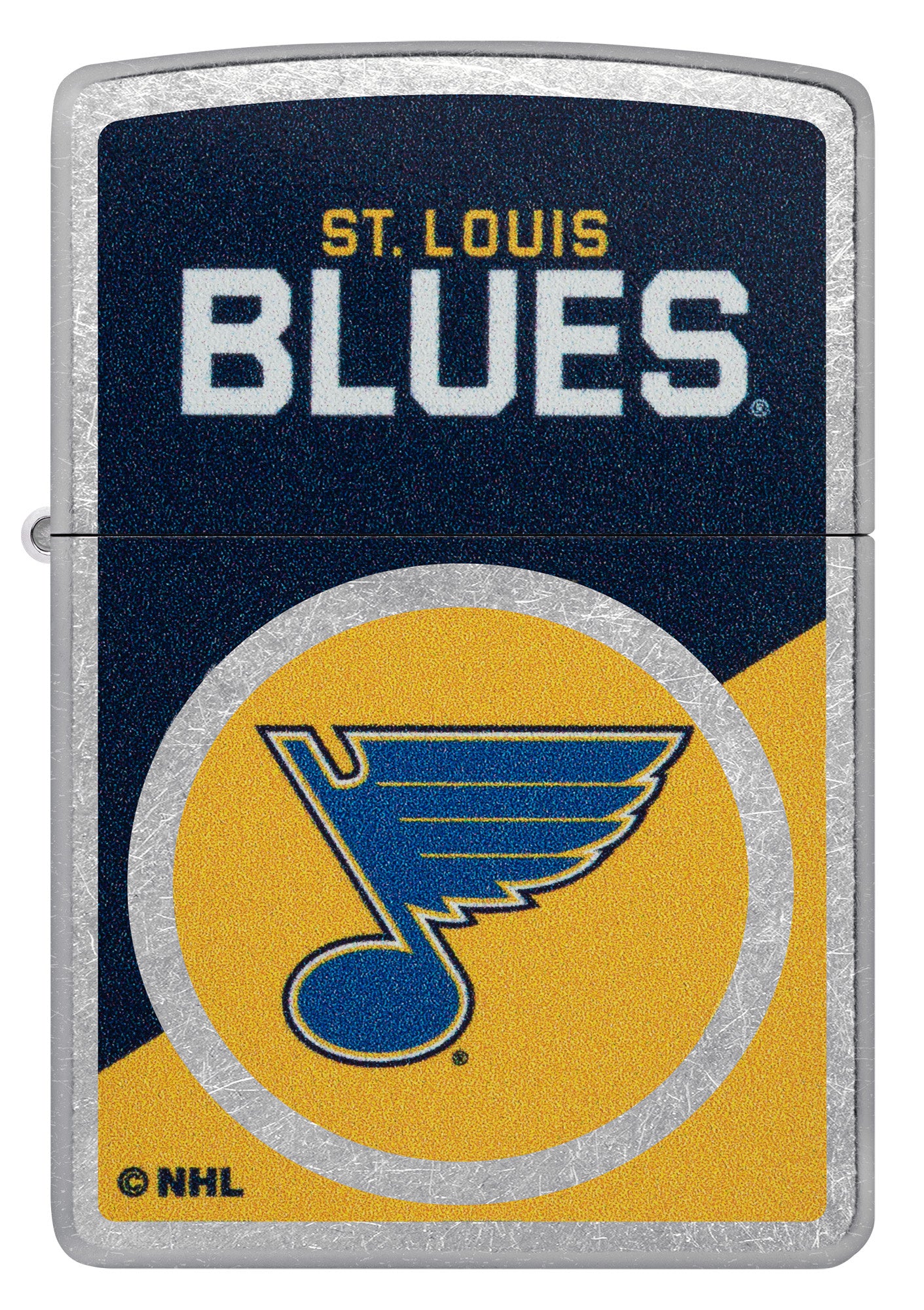 Zippo NHL® St. Louis Blues® 2024 Street Chrome™ Windproof Lighter with its lid open and lit.