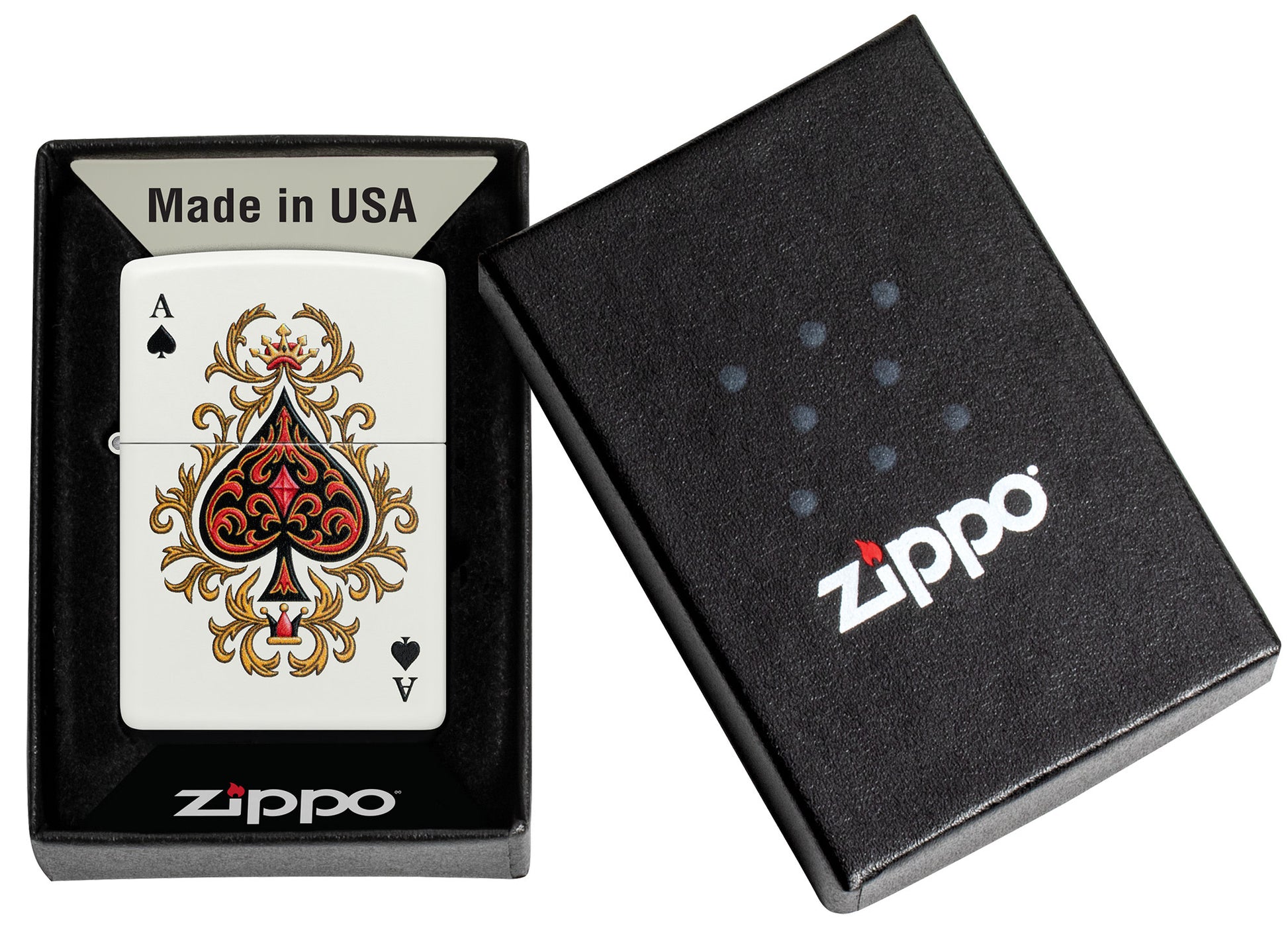 Zippo Ace of Jokes 2-Sided White Matte Windproof Lighter in its packaging.