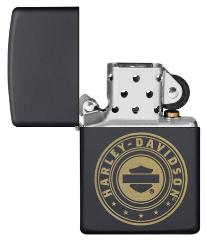 Harley-Davidson® Laser Engrave Logo Black Matte Lighter with its lid open and not lit