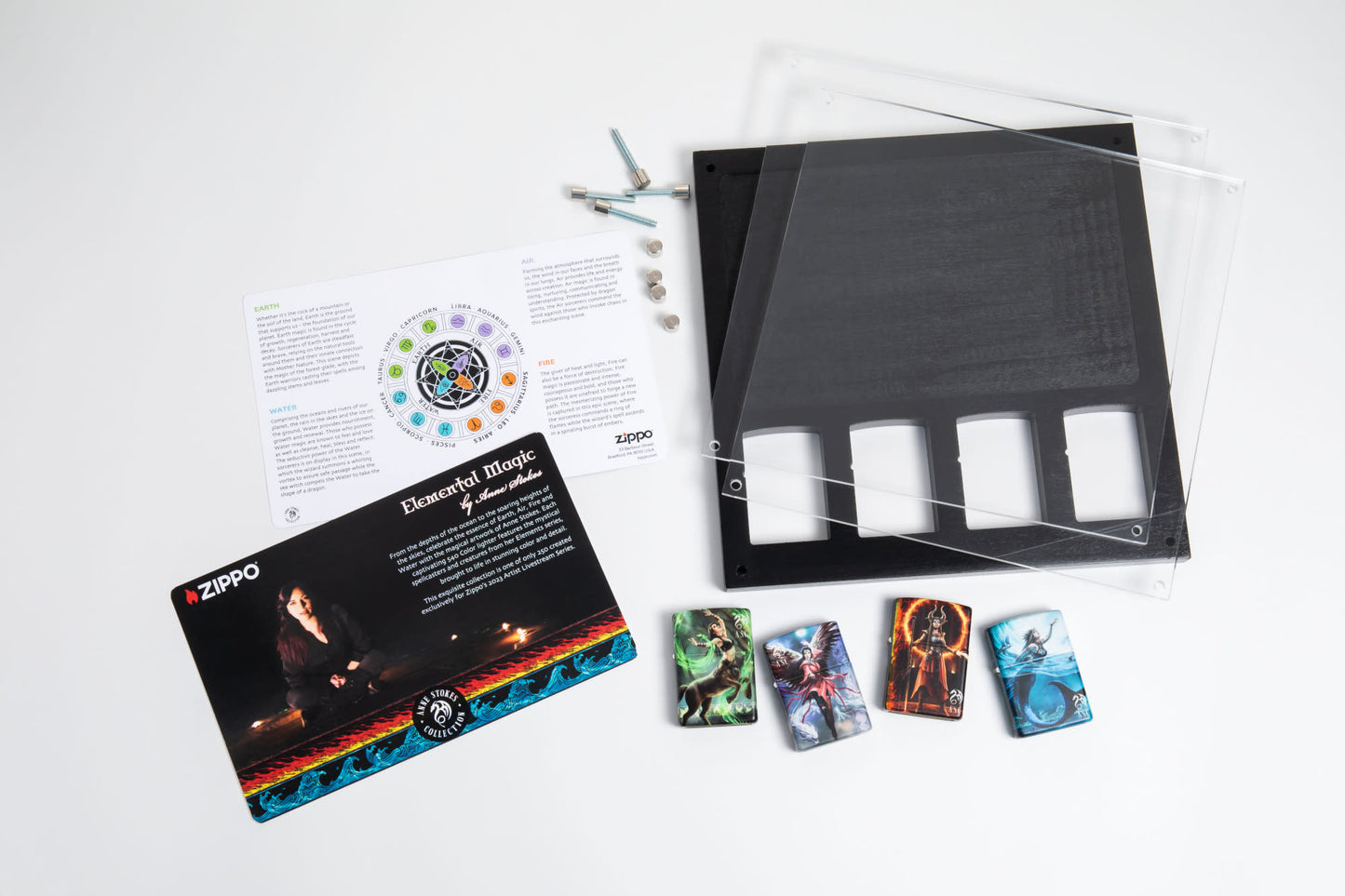 Image showing display case, information cards and all 4 lighters in the Anne Stokes Elemental Magic set.