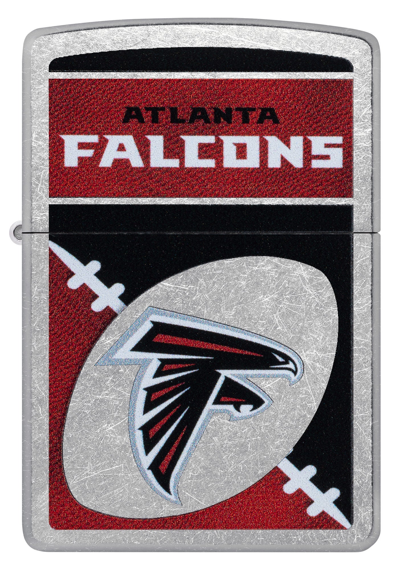 Front view of Zippo NFL Atlanta Falcons Street Chrome Windproof Lighter.