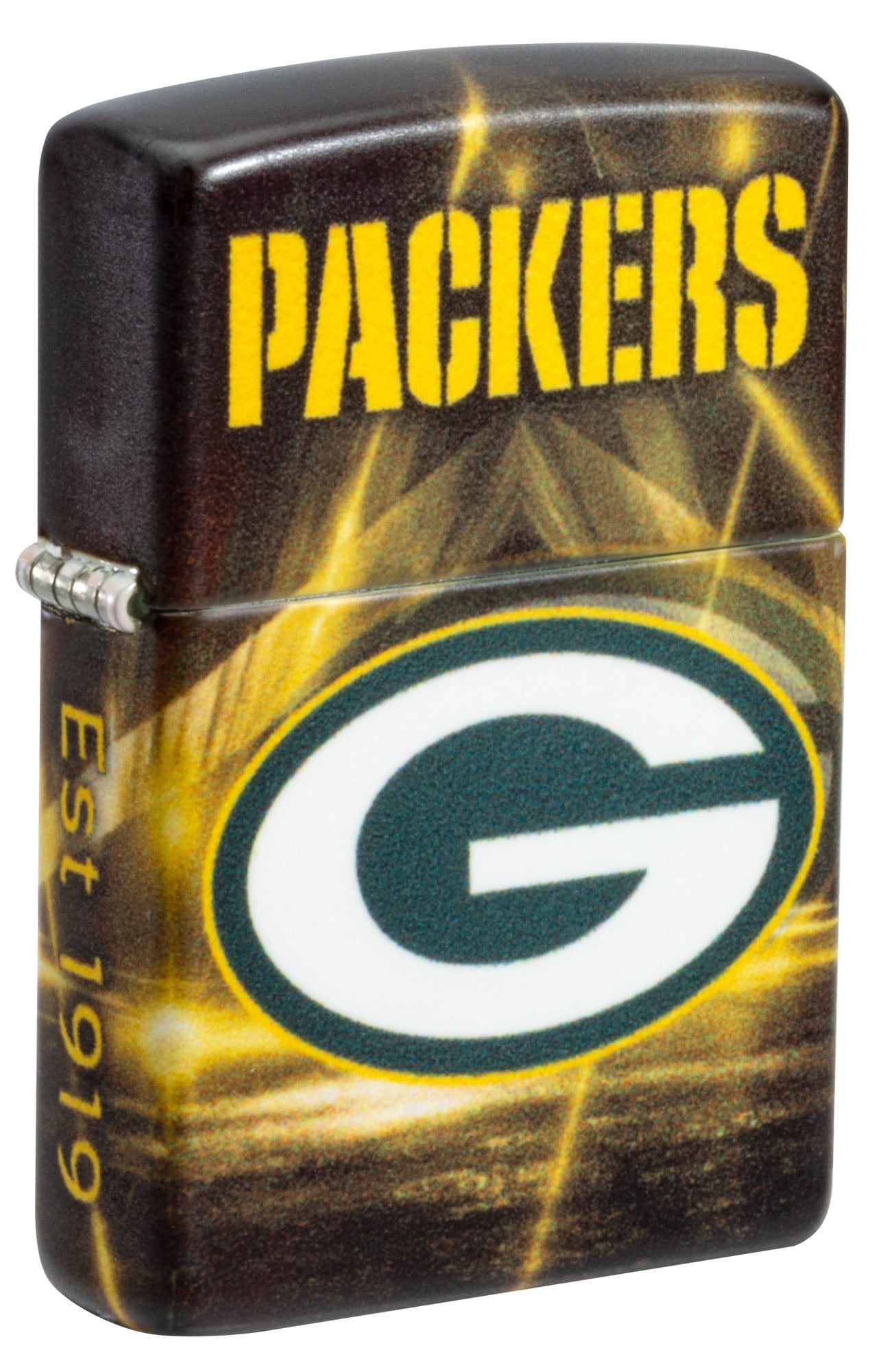 Front shot of Zippo NFL Green Bay Packers 540 Matte Windproof Lighter standing at a 3/4 angle.