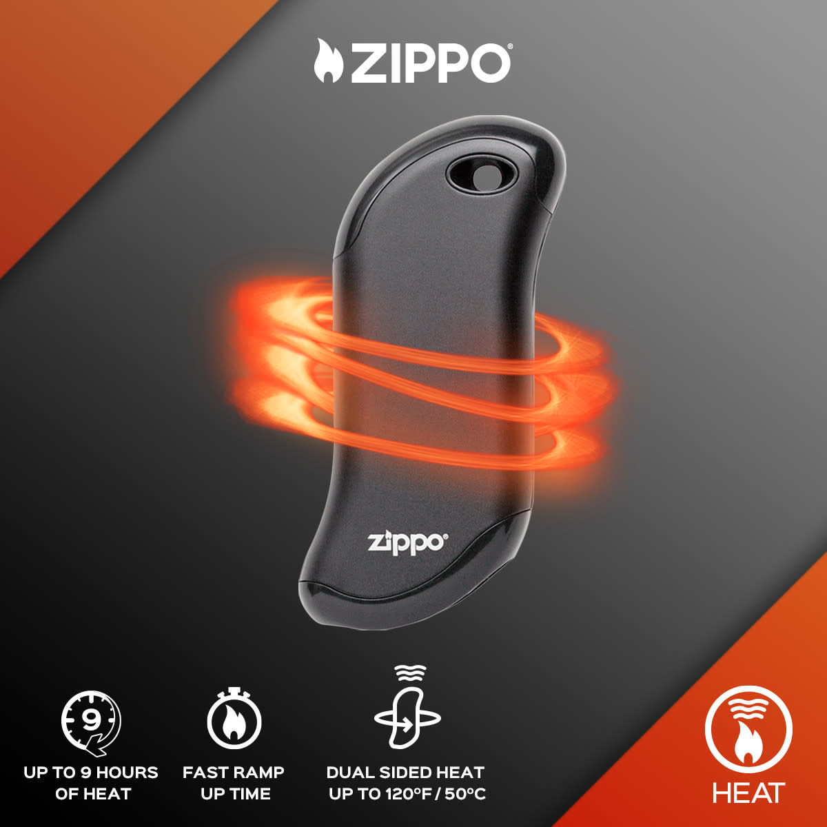 Graphic of Black HeatBank® 9s Rechargeable Hand Warmer showing the heat output information.