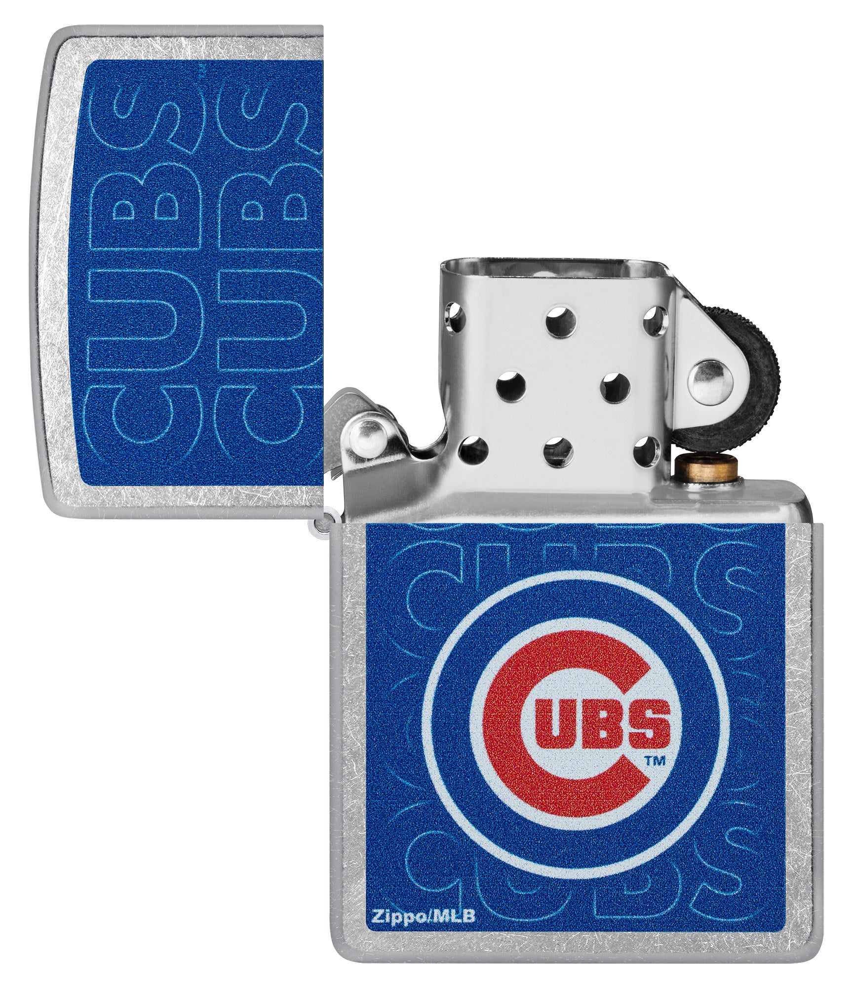 Zippo MLB® Chicago Cubs Street Chrome Windproof Lighter with its lid open and unlit.