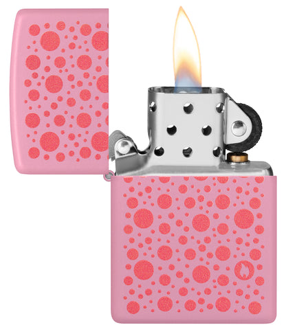 Zippo Polka Dot Design Pink Matte Windproof Lighter with its lid open and lit.