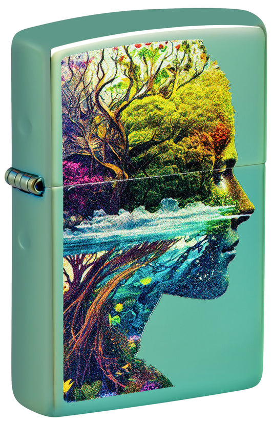 Front shot of Zippo One with Nature Design High Polish Green Windproof Lighter standing at a 3/4 angle.