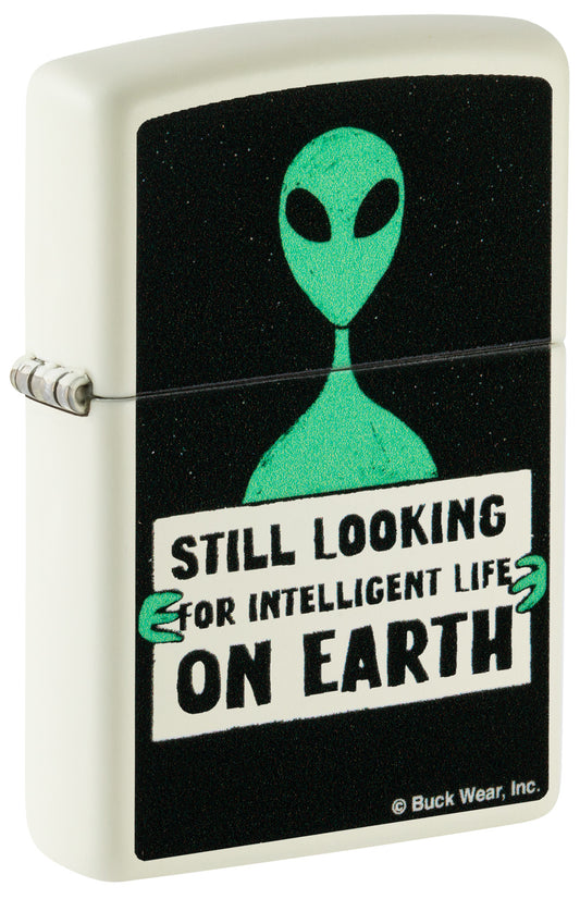 Front shot of Zippo Buck Wear Alien Design Glow in the Dark Green Matte Windproof Lighter standing at a 3/4 angle.