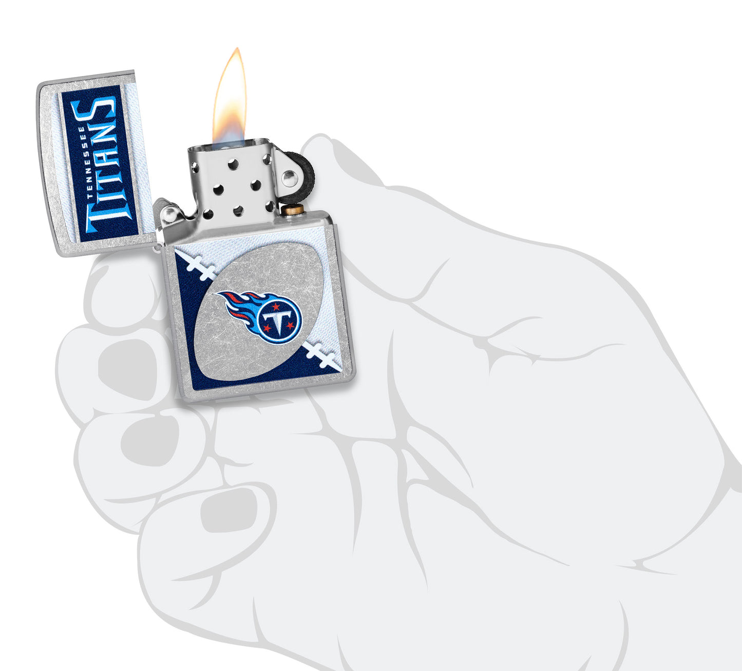 Zippo NFL Tennessee Titans Street Chrome Windproof Lighter lit in hand.