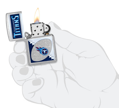 Zippo NFL Tennessee Titans Street Chrome Windproof Lighter lit in hand.