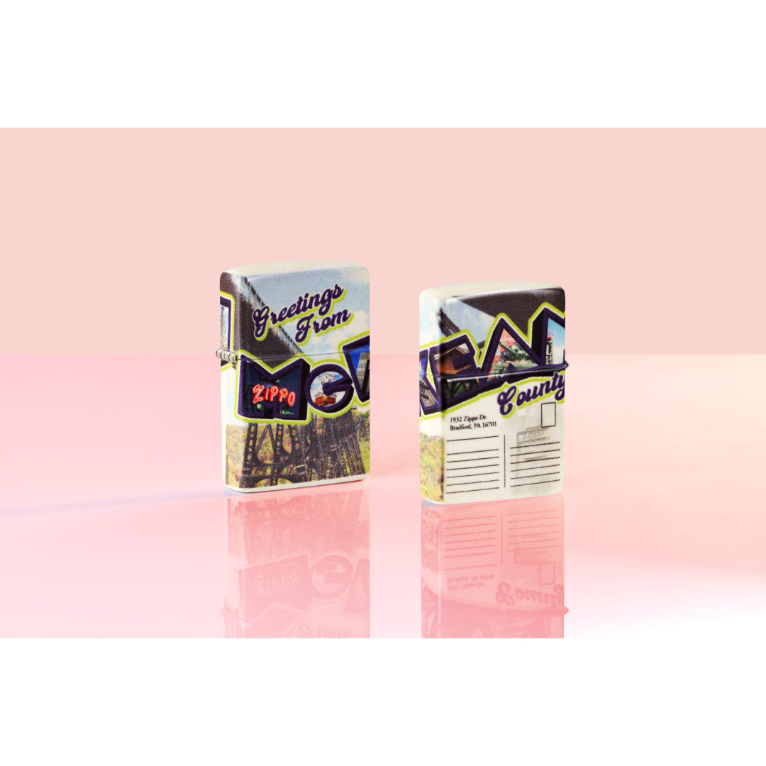 Lifestyle image on a pink mirrored background of the SMS Exclusive: McKean County Postcard Design