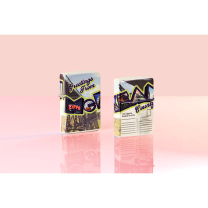 Lifestyle image on a pink mirrored background of the SMS Exclusive: McKean County Postcard Design
