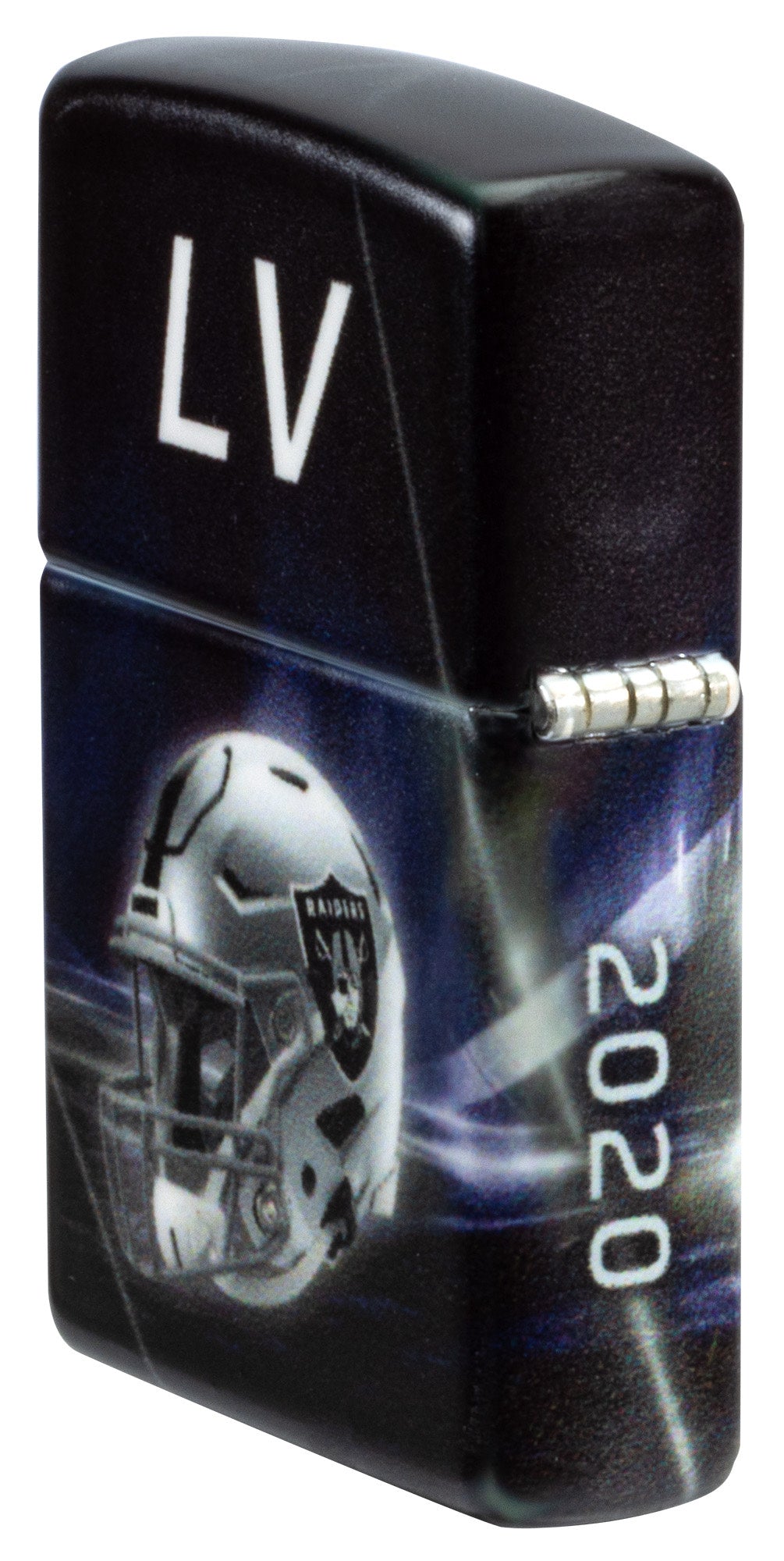 Angled shot of Zippo NFL Las Vegas Raiders 540 Matte Windproof Lighter showing the back and hinge sides of the lighter.