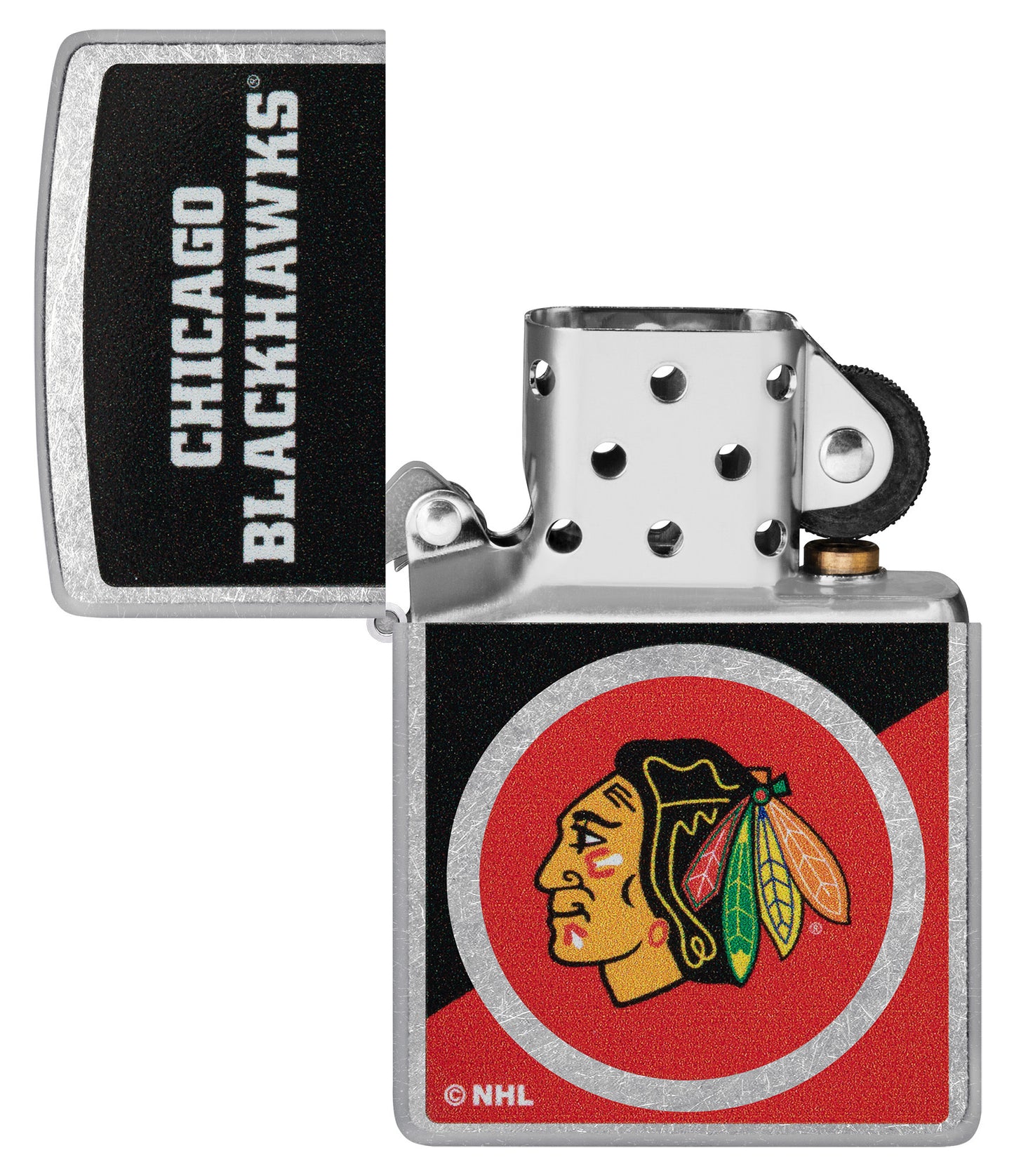 Zippo NHL® Chicago Blackhawks® 2024 Street Chrome™ Windproof Lighter lit in hand.