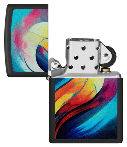 Zippo Whole Heart Set Design Black Matte Windproof Lighter with its lid open and unlit.