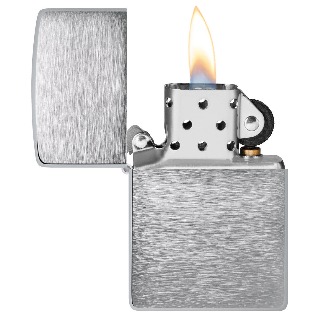 Armor® Brushed Chrome Windproof Lighter with its lid open and lit.