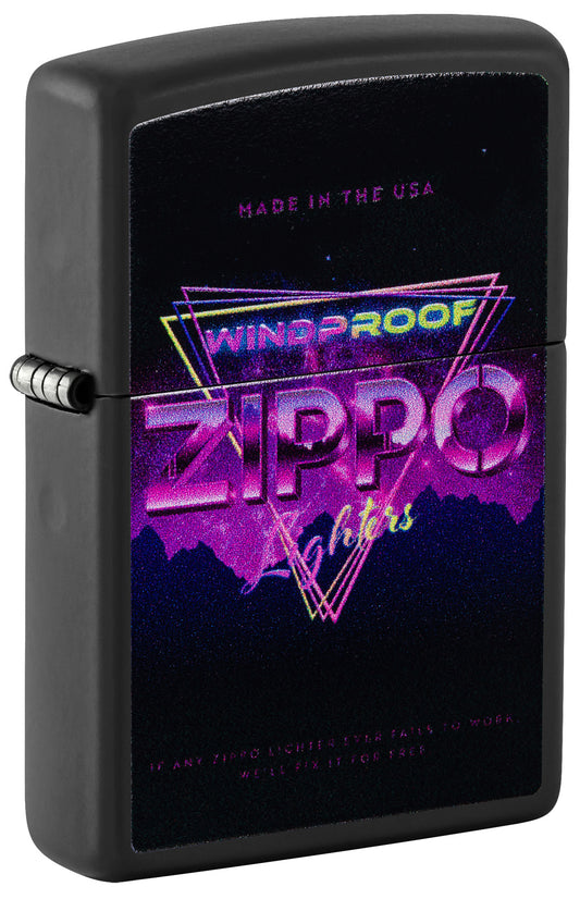 Front shot of Zippo Sign Design Black Matte Windproof Lighter standing at a 3/4 angle.