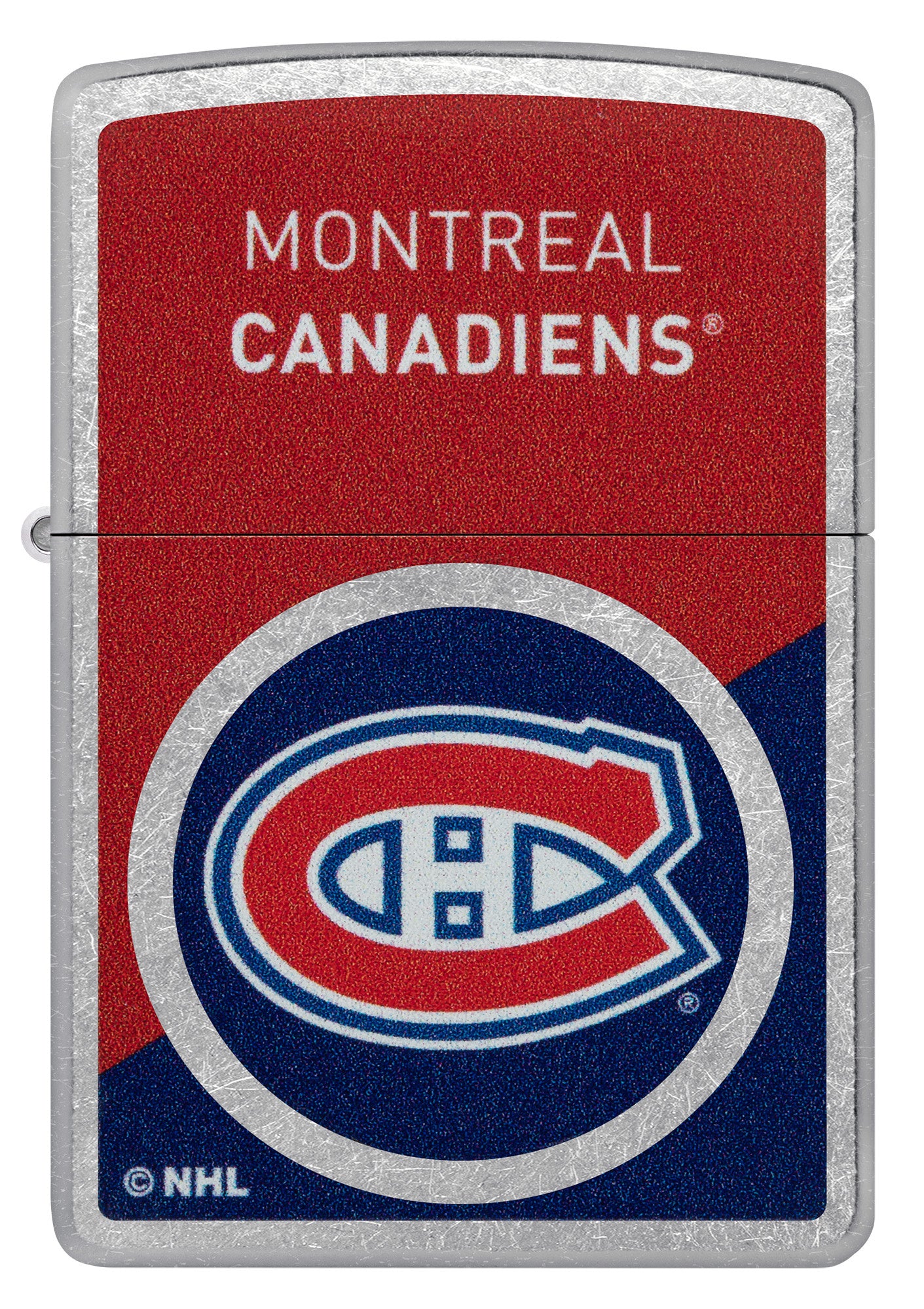 Zippo NHL® Montreal Canadiens® 2024 Street Chrome™ Windproof Lighter with its lid open and lit.