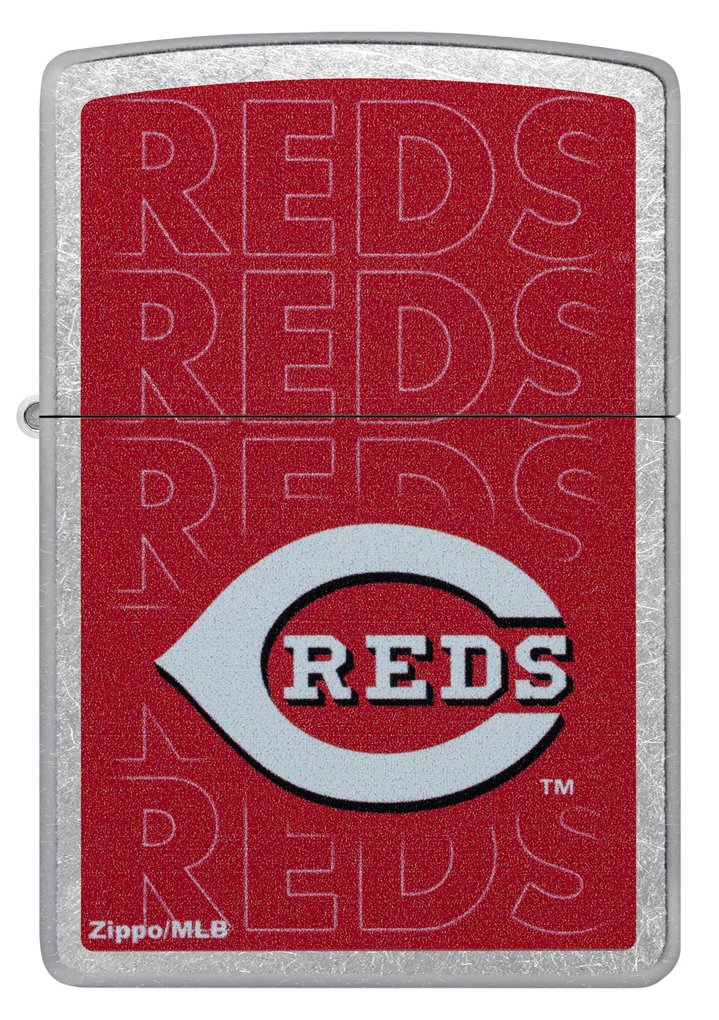 Front view of Zippo MLB® Cincinnati Reds Street Chrome Windproof Lighter.