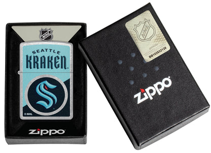 Zippo NHL® Seattle Kraken® 2024 Street Chrome™ Windproof Lighter in its packaging.