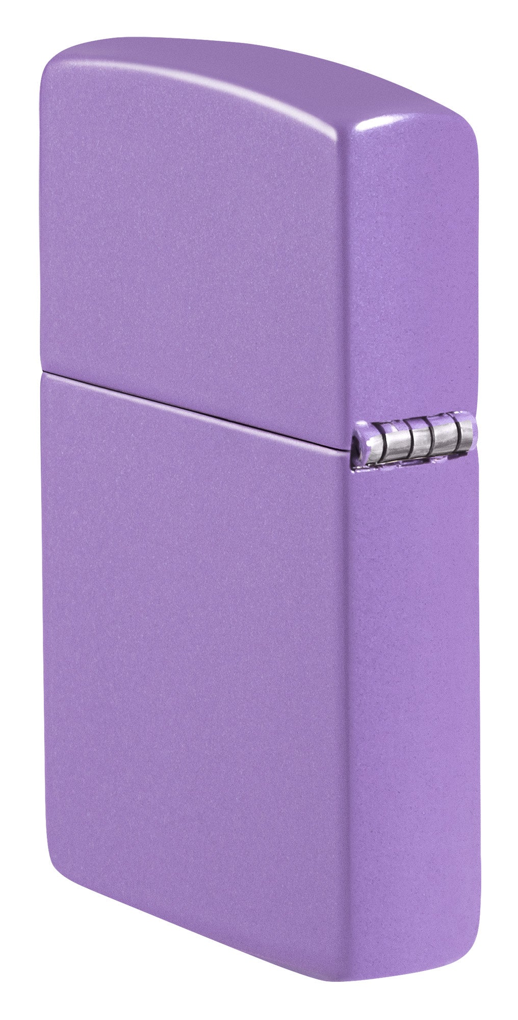 Angled shot of Zippo Classic Smoky Lavender Windproof Lighter showing the back and hinge sides of the lighter.