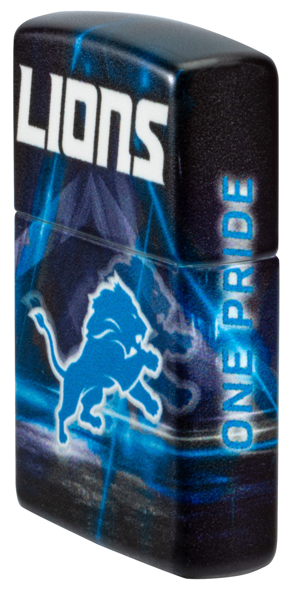 Angled shot of Zippo NFL Detroit Lions 540 Matte Windproof Lighter showing the front and right sides of the lighter.