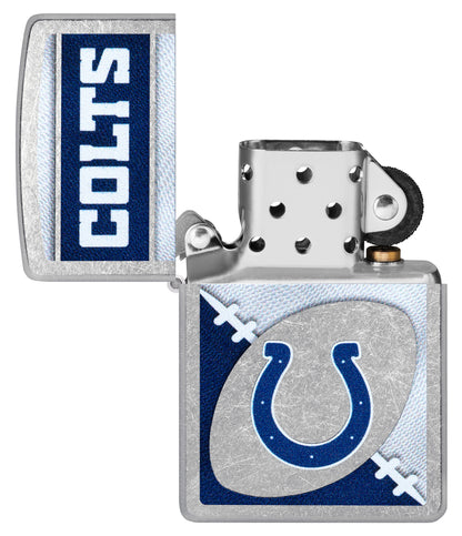 Zippo NFL Indianapolis Colts Street Chrome Windproof Lighter with its lid open and unlit.