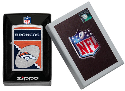 Zippo NFL Denver Broncos Street Chrome Windproof Lighter in its packaging.