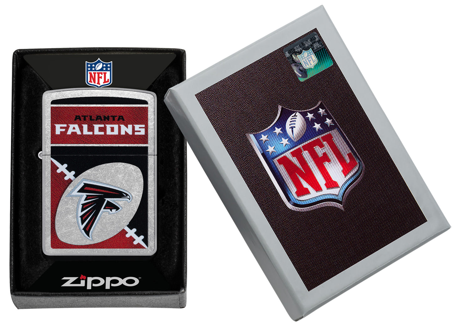 Zippo NFL Atlanta Falcons Street Chrome Windproof Lighter in its packaging.