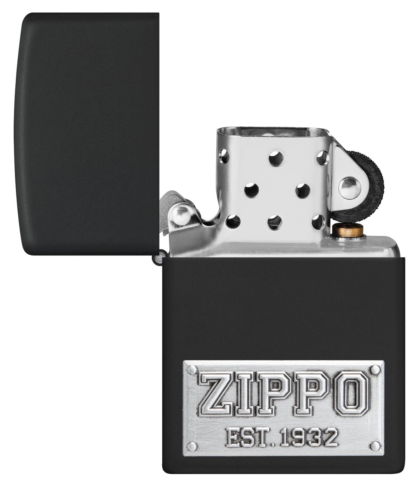 Zippo Wolf Emblem Design Brushed Chrome Windproof Lighter with its lid open and unlit.