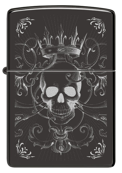 Front view of Zippo Royal Skull Design High Polish Black Windproof Lighter.