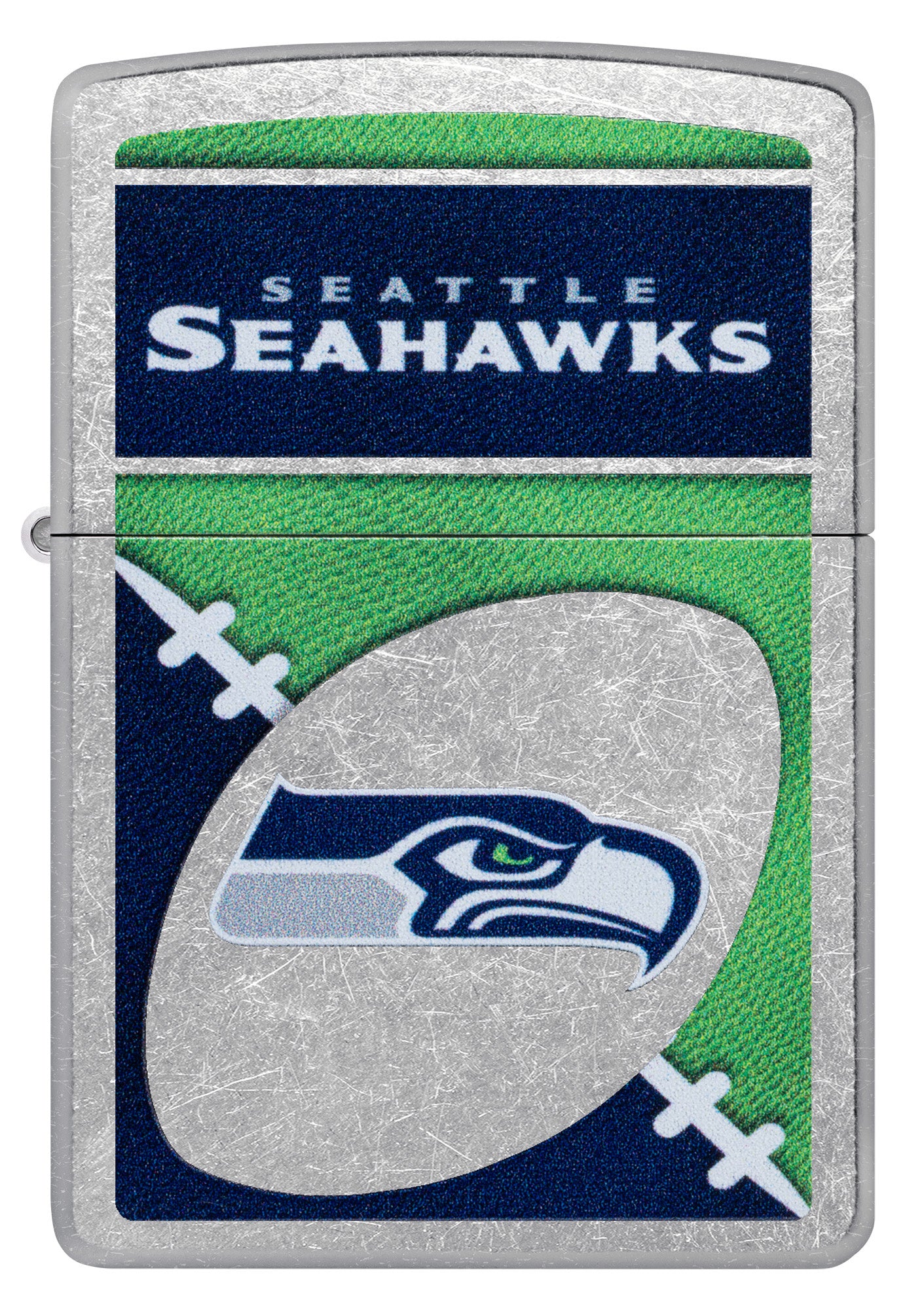 Front view of Zippo NFL Seattle Seahawks Street Chrome Windproof Lighter.