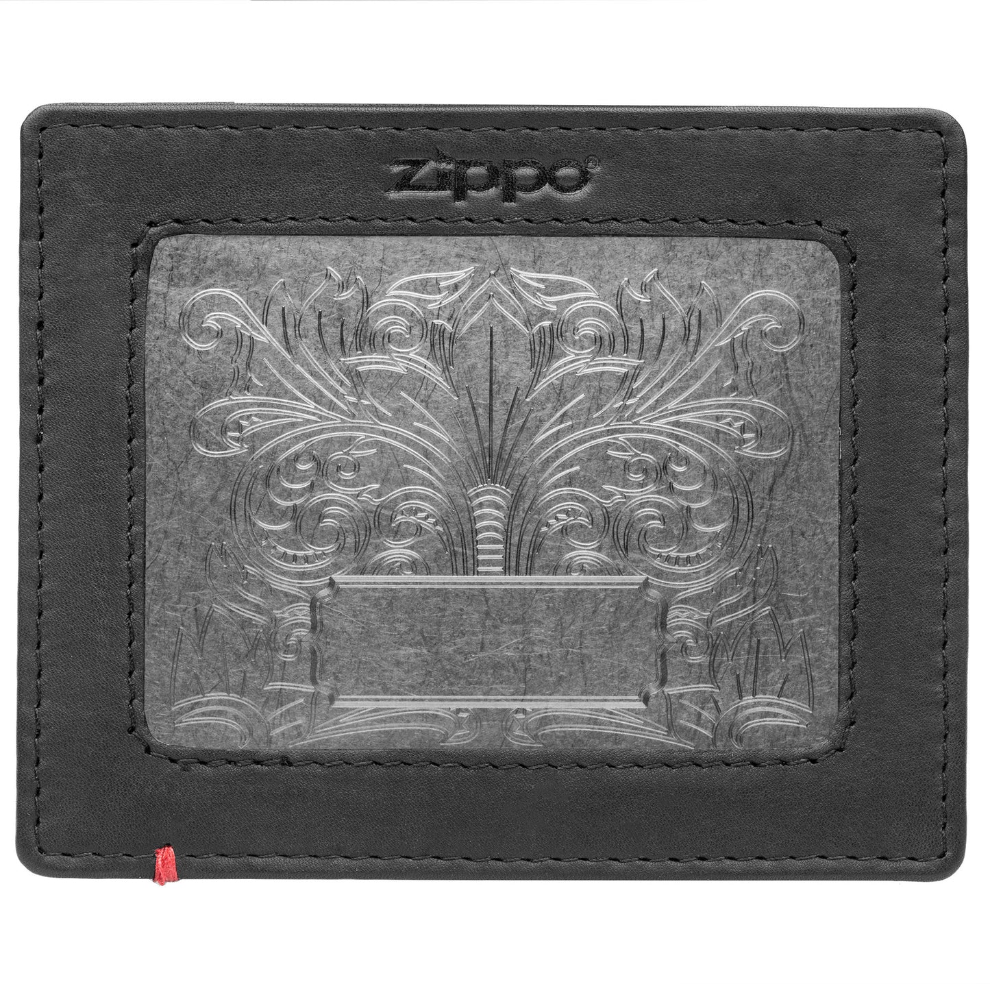 Front of black Leather Wallet With Fandango Metal Plate Design - ID Window