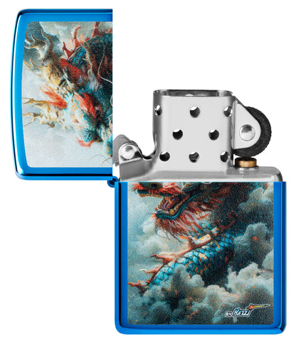 Zippo Mazzi® Dragon Design High Polish Blue Windproof Lighter with its lid open and unlit.