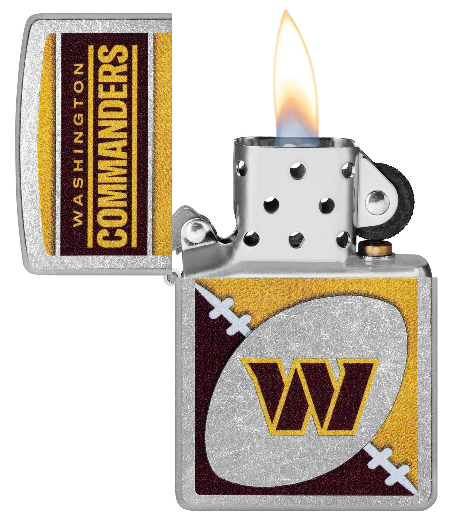 Zippo NFL Washington Commanders Street Chrome Windproof Lighter with its lid open and lit.