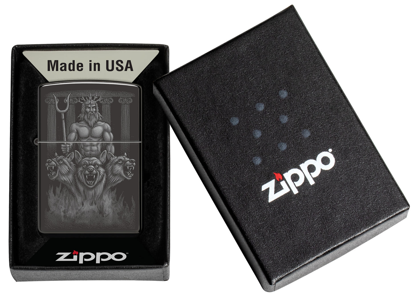 Zippo Greek Dogs Design High Polish Black Windproof Lighter in its packaging.