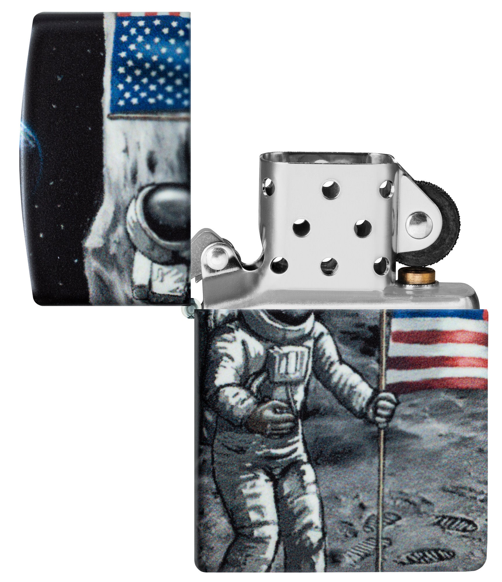 Zippo Moon Landing Design Glow in the Dark Windproof Lighter with its lid open and unlit.