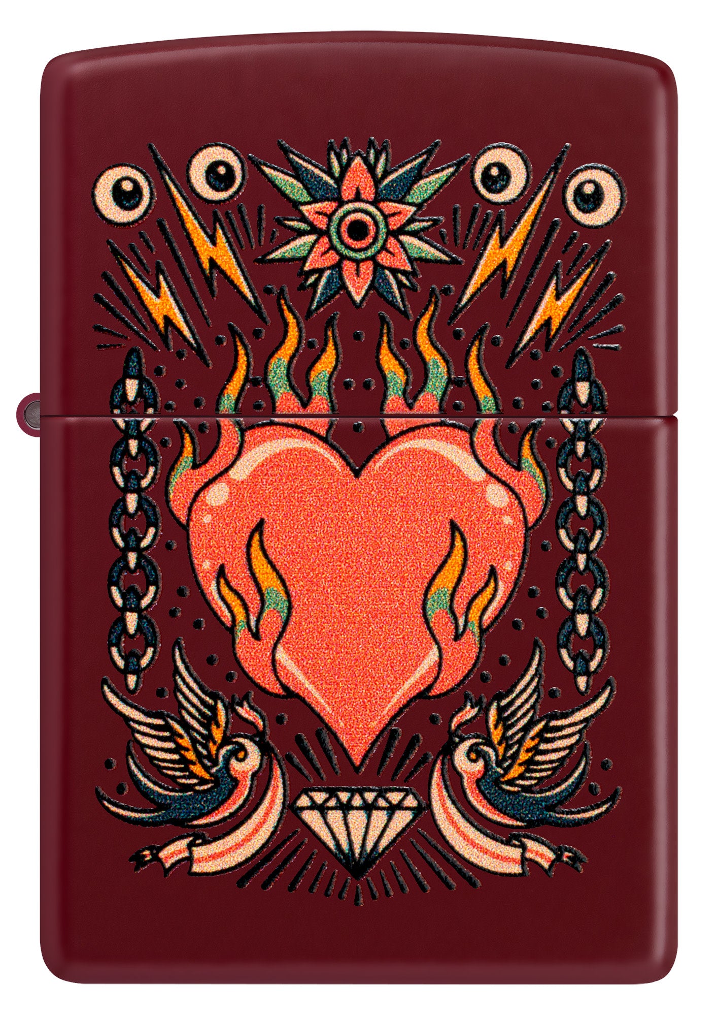 Front view of Zippo Tattoo Heart Design Merlot Windproof Lighter.