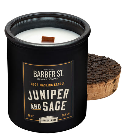 Front shot of Zippo Barber Street Juniper and Sage Odor Masking Candle with the lid off and unlit.