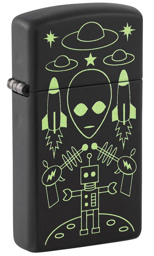 Front shot of Zippo Alien Invasion Design Slim® Black Matte Windproof Lighter standing at a 3/4 angle.