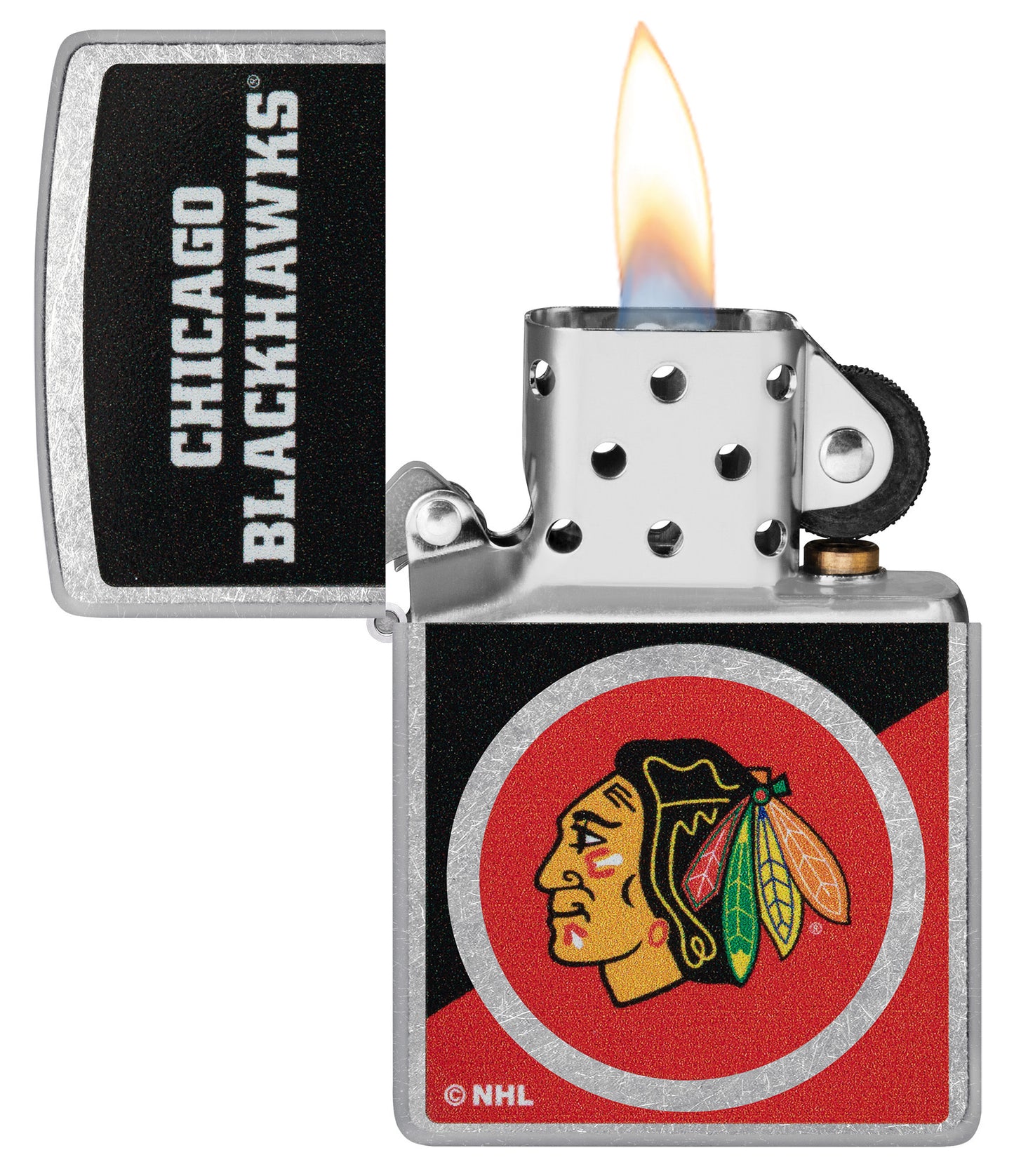 Zippo NHL® Chicago Blackhawks® 2024 Street Chrome™ Windproof Lighter with its lid open and unlit.