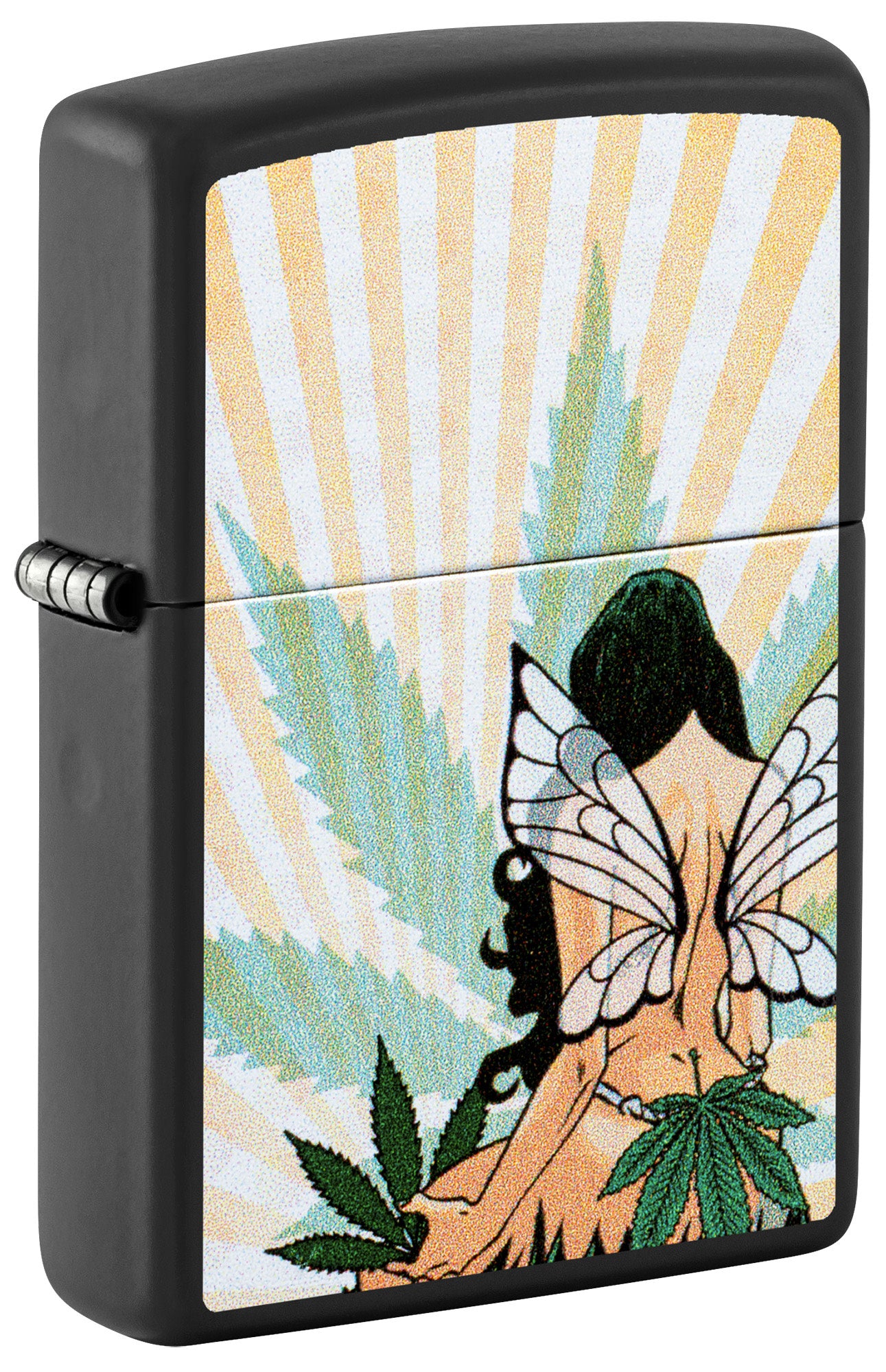 Front shot of Zippo Cannabis Fairy Design Black Matte Windproof Lighter standing at a 3/4 angle.