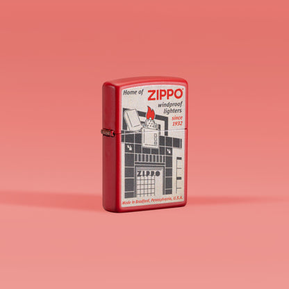 Lifestyle image of Zippo Blueprint Design Red Matte Windproof Lighter standing with a pink background. 

