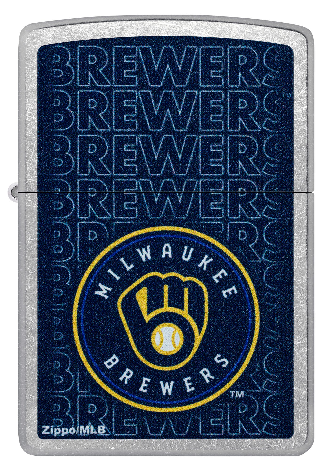 Front view of Zippo MLB® Milwaukee Brewers Street Chrome Windproof Lighter.