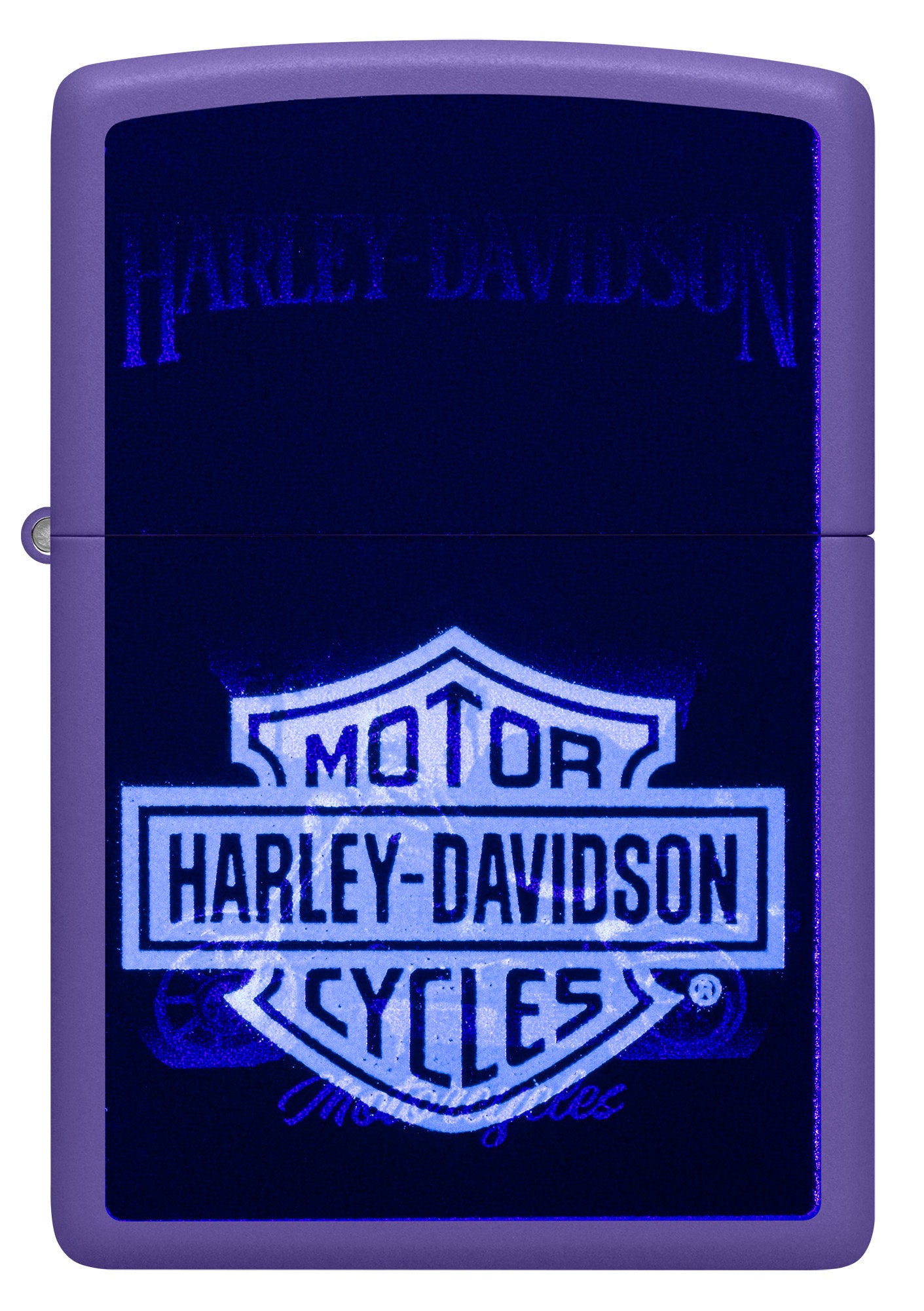 Front view of Zippo Harley Davidson® Black Light Purple Matte Windproof Lighter glowing under a black light.