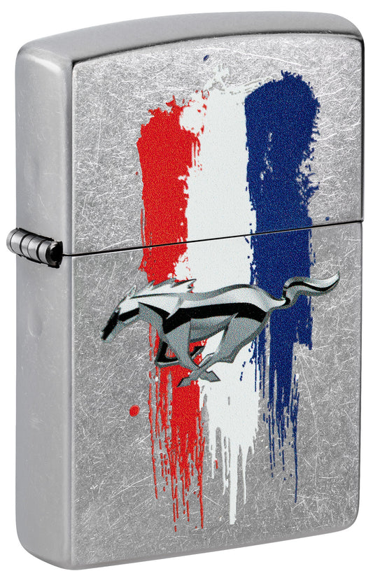 Front shot of Zippo Ford Mustang Design Street Chrome Windproof Lighter standing at a 3/4 angle.