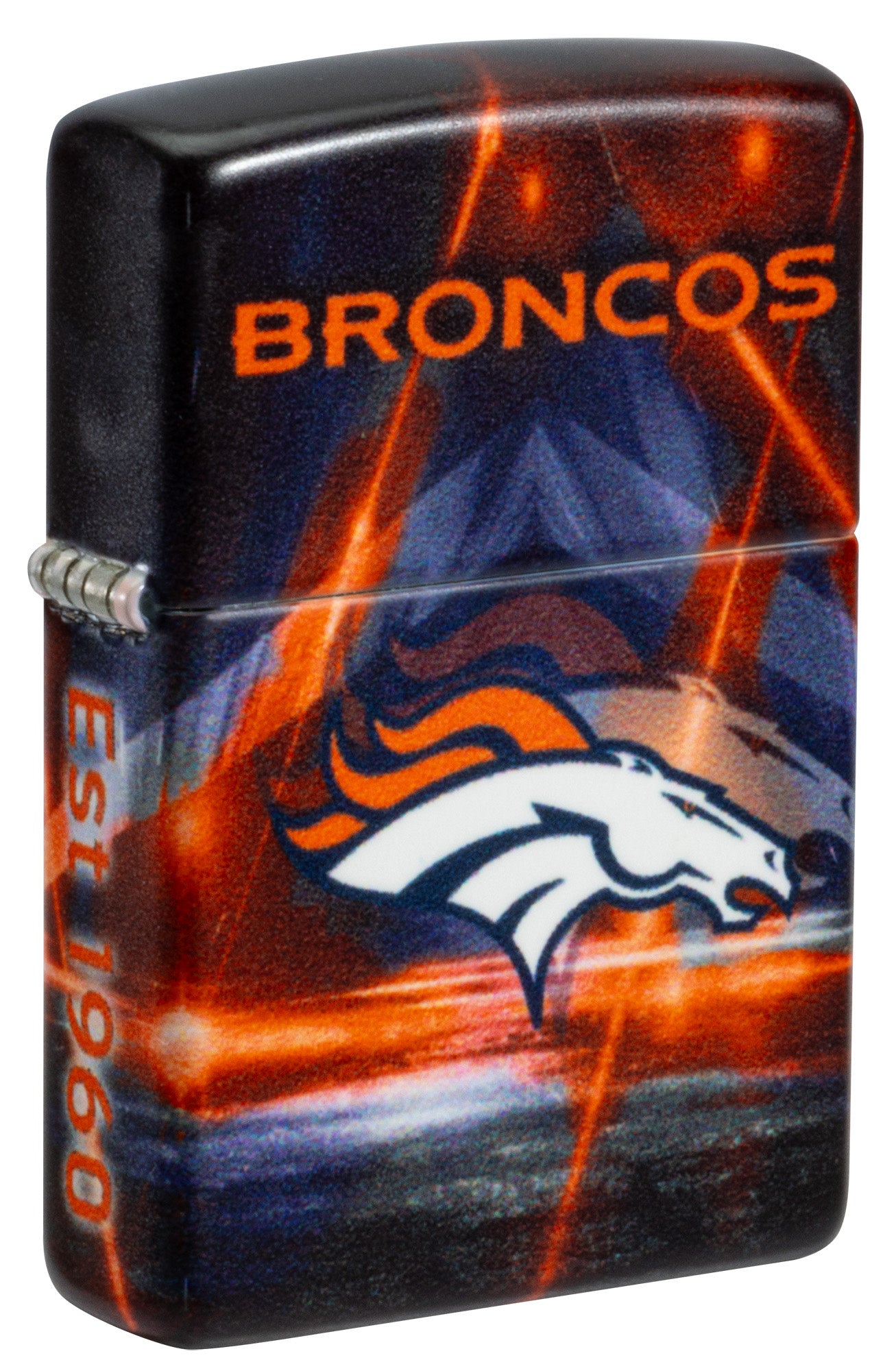 Front shot of Zippo NFL Denver Broncos 540 Matte Windproof Lighter standing at a 3/4 angle.