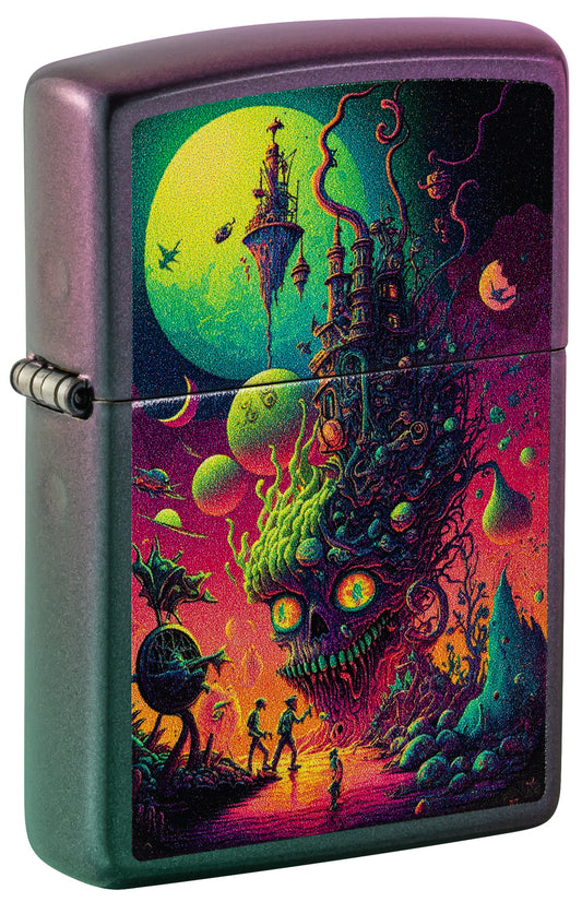 Front shot of Zippo Distant Lands Design Iridescent Windproof Lighter standing at a 3/4 angle.