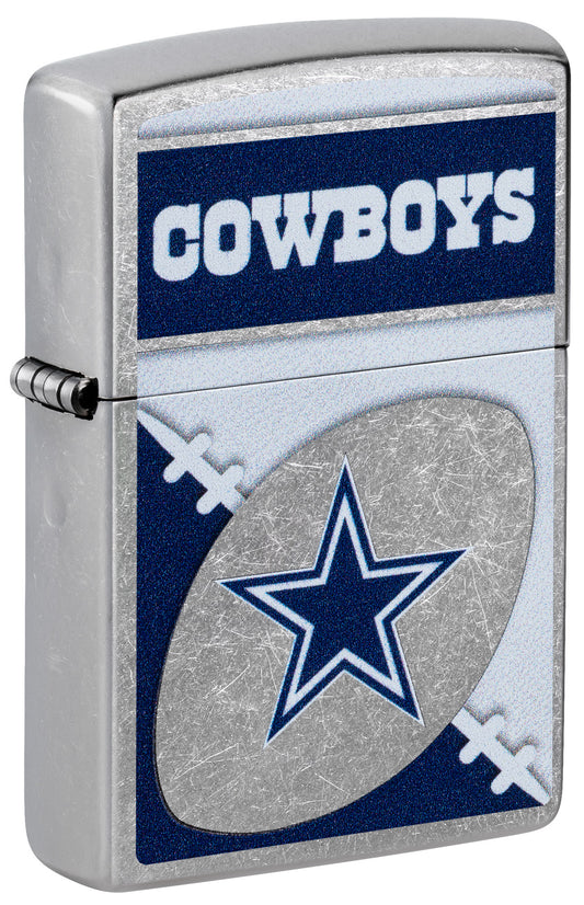 Front shot of Zippo NFL Dallas Cowboys Street Chrome Windproof Lighter standing at a 3/4 angle.