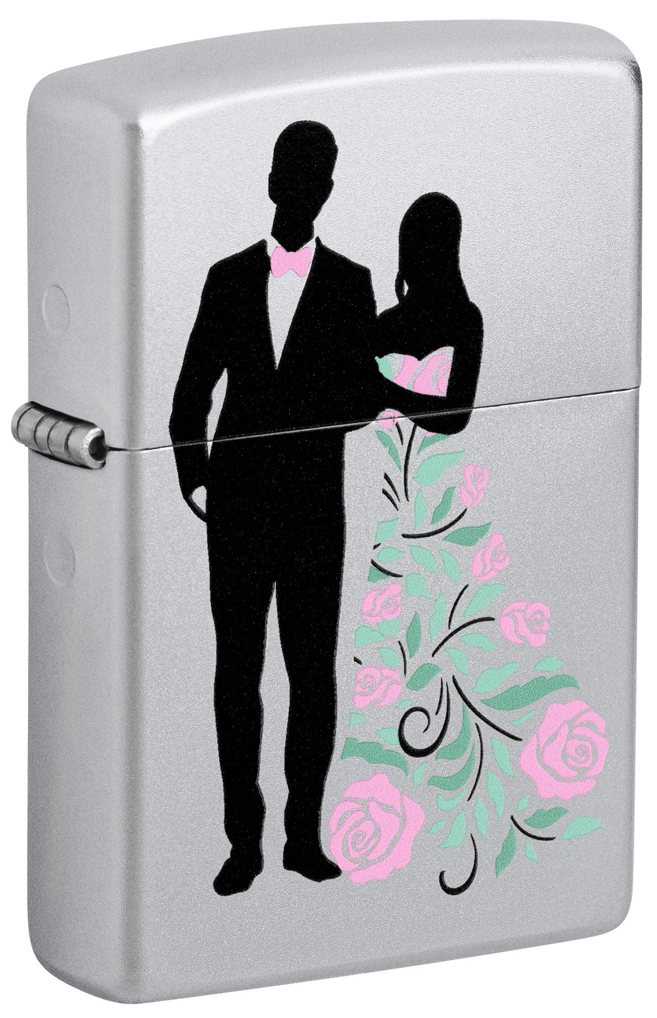 Front view of Wedding Couple Design Windproof Lighter standing at a 3/4 angle